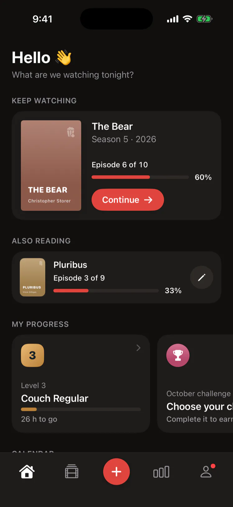 Porcom’s home screen, with the next episode and a Continue button.