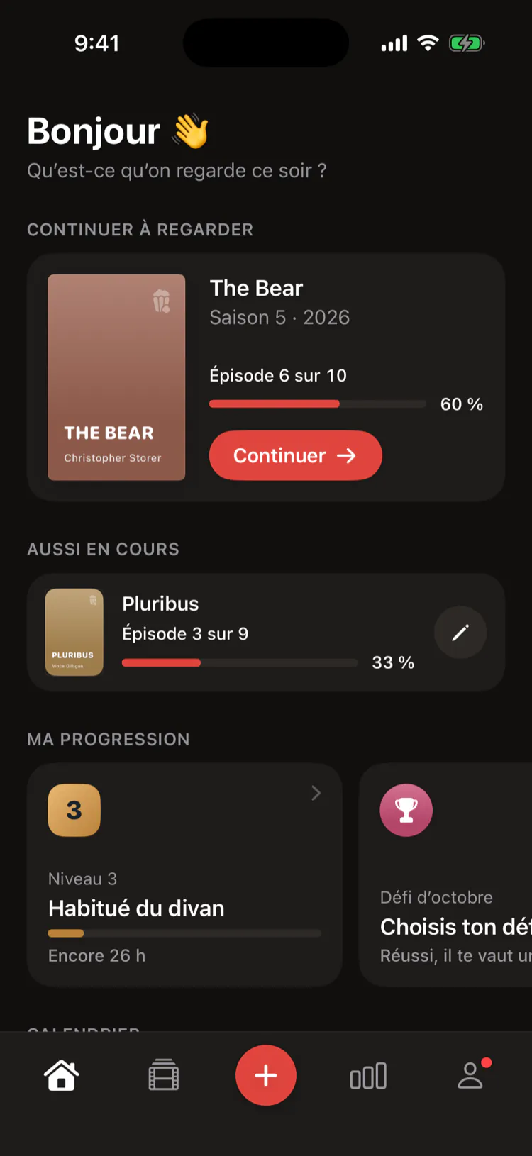 L’accueil de Porcom, avec le prochain épisode et un bouton Continuer.