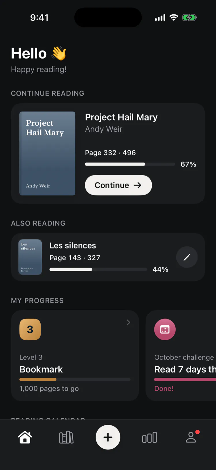 Reliure’s home screen, with the book being read and the yearly goal.