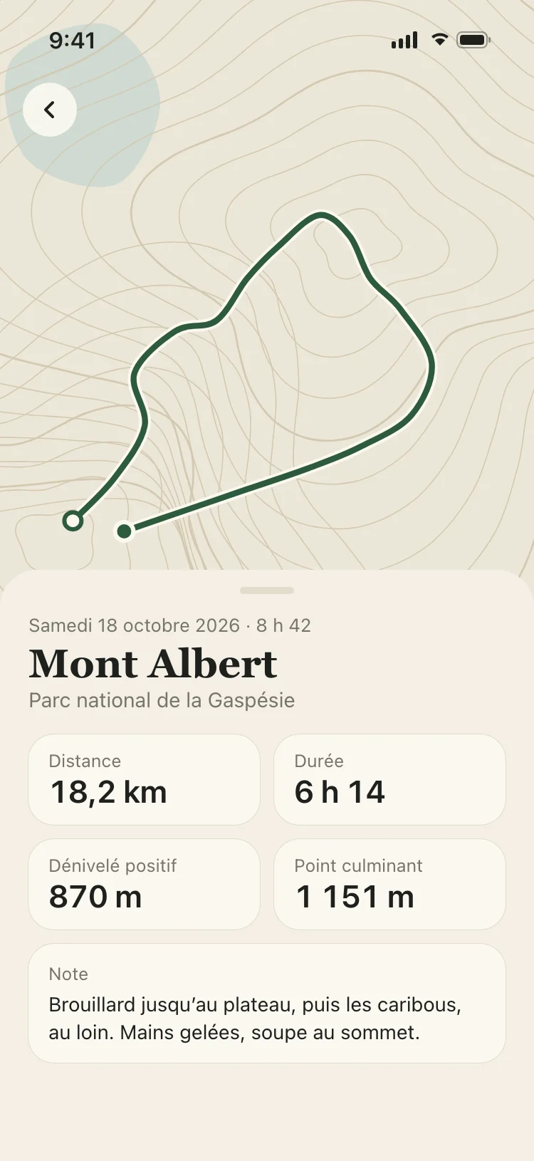 Une randonnée de 18 km sur sa carte topographique, avec ses chiffres et une note